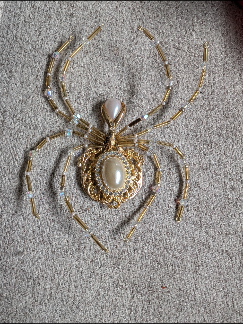 Elegant Handmade Gold-Tone Pearl & Crystal Spider Decor